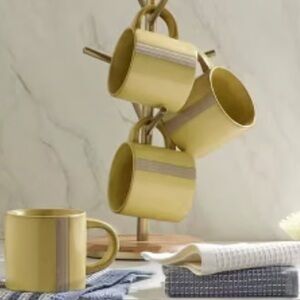 4!!!! HEARTH & HAND NWT triple stripe stoneware mugs -yellow -15oz